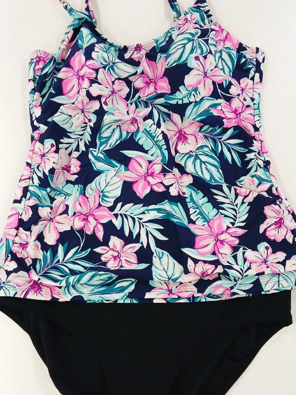 Krista Tankini Swim Top Pink/ Blue & Bottoms ,Black, Size 14/ XL , Like New